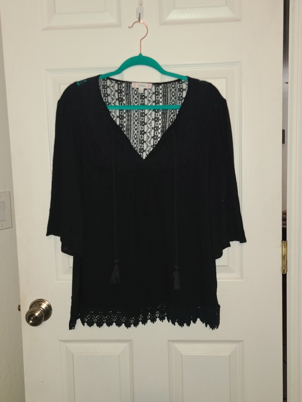 Women's Black Lace-Trim V-Neck Tunic Top with Tassel Ties